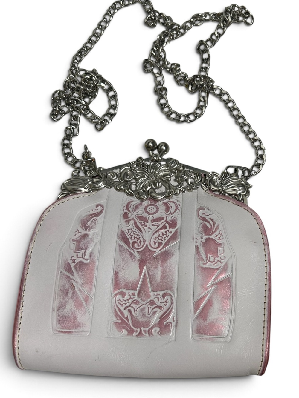 Patricia Nash Rosaria Tooled Leather Kiss Lock Bag Pink White Silver Hardware